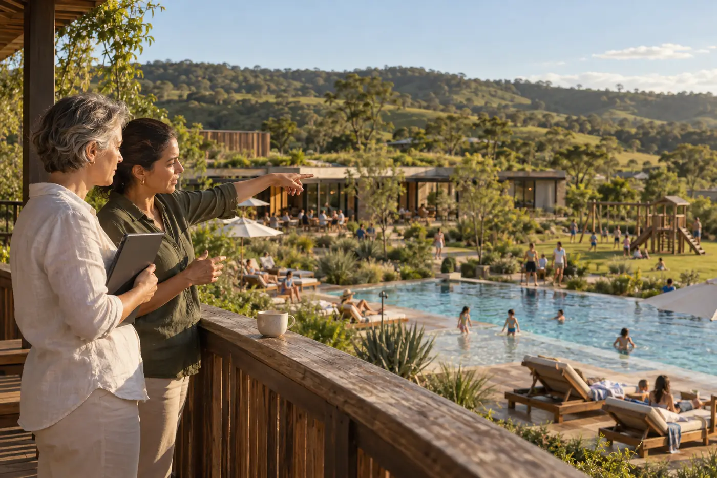 Duas profissionais observam a área de lazer de um resort a partir de um terraço